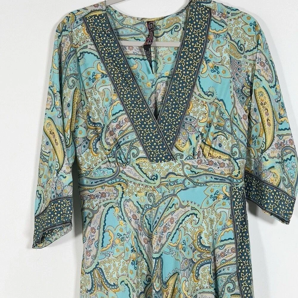 ME 2 MAGIC Maxi Dress Womens Sz L Green Paisley 3/4 Sleeve Bohemian